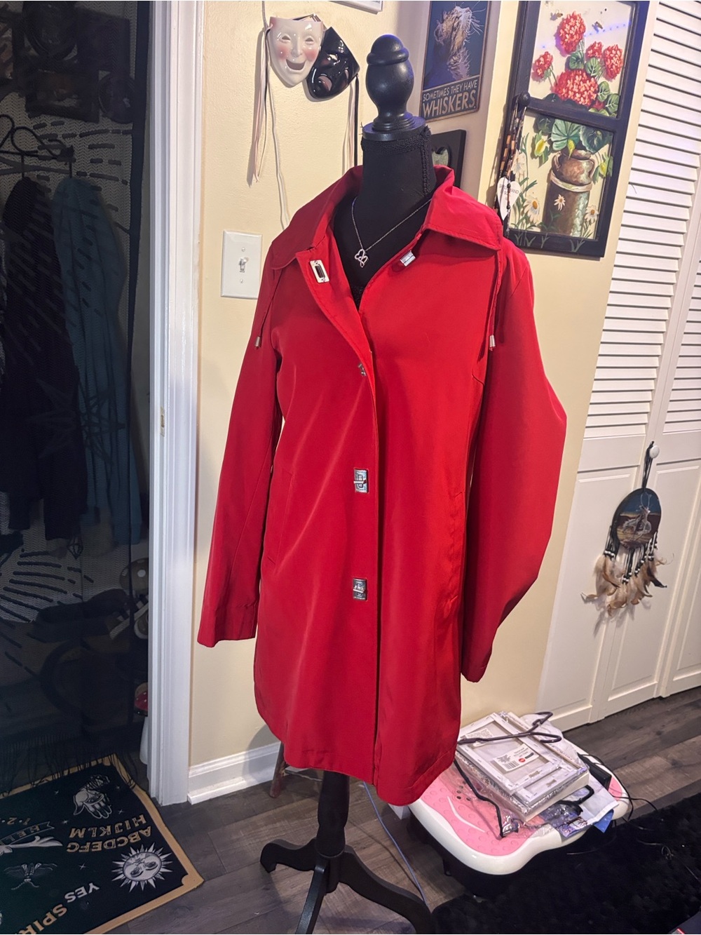 Dana Buchman Red Trench Coat with Toggle Closures